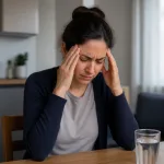 Adult woman seated at a table holding her temples to show a pounding head.