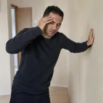 Adult man bracing himself against a wall while dizzy.