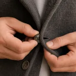 Close-up of fingers fastening a button through a buttonhole.