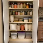 Open pantry cupboard with dry goods, jars, sacks, and staple food storage.
