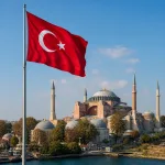 Turkish flag with Istanbul landmark skyline.