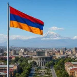 Armenian flag with Yerevan and Mount Ararat.