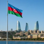 Azerbaijan flag with Baku Flame Towers skyline.