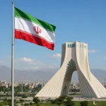 Iranian flag with Azadi Tower and Tehran skyline.
