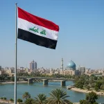 Iraqi flag with a Baghdad riverside skyline.