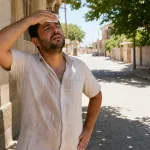 Very hot weather scene with a person reacting to heat outdoors.