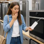 A shopper in an appliance store looking shocked at a high price tag.