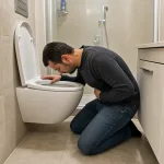 Adult man crouched beside a toilet while nauseated.