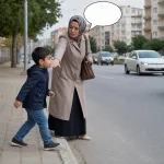 A worried mother physically blocks one boy at a Turkish city curb before he steps into the road, reused for dikkat et / diqât bık.