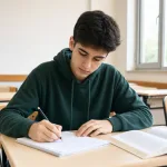Student writing in a notebook in a simple classroom setting.