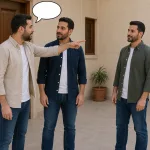 A person speaking to someone else while pointing with the right hand to a man nearby, indicating he.