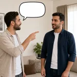 A person speaking with an empty speech bubble and pointing to one man being addressed, indicating masculine singular you.