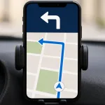 A phone navigation app in a car holder showing a clear left-turn instruction.