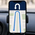 A phone navigation app in a car holder showing a clear U-turn instruction on the road route.