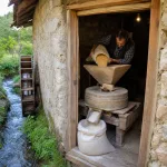 Anatolian-style grain milling scene with visible mill equipment and flour collection.