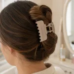 Hair clip shown clearly as a small accessory.