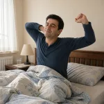 A man has just woken up in bed.