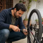 Adult man competently repairing a bicycle wheel by hand.