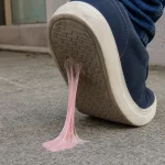 Chewing gum stuck to the bottom of a shoe.