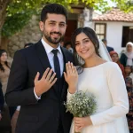 Newly married couple standing together after a modest ceremony.