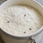Small pantry bugs in normal wheat flour inside a kitchen storage container.