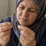 İğneye iplik geçirmeye çalışıyor